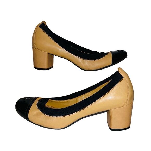 TORY BURCH Women's Tan Black Leather Block Heel Pump Shoes 10M - Picture 2 of 6